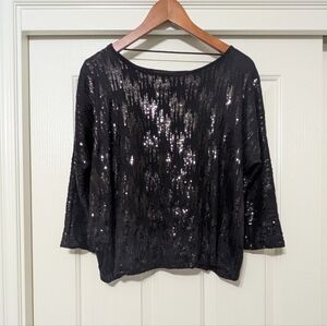 INC International Concepts Black Sequin 3/4 Sleeve Blouse Top Women's Small